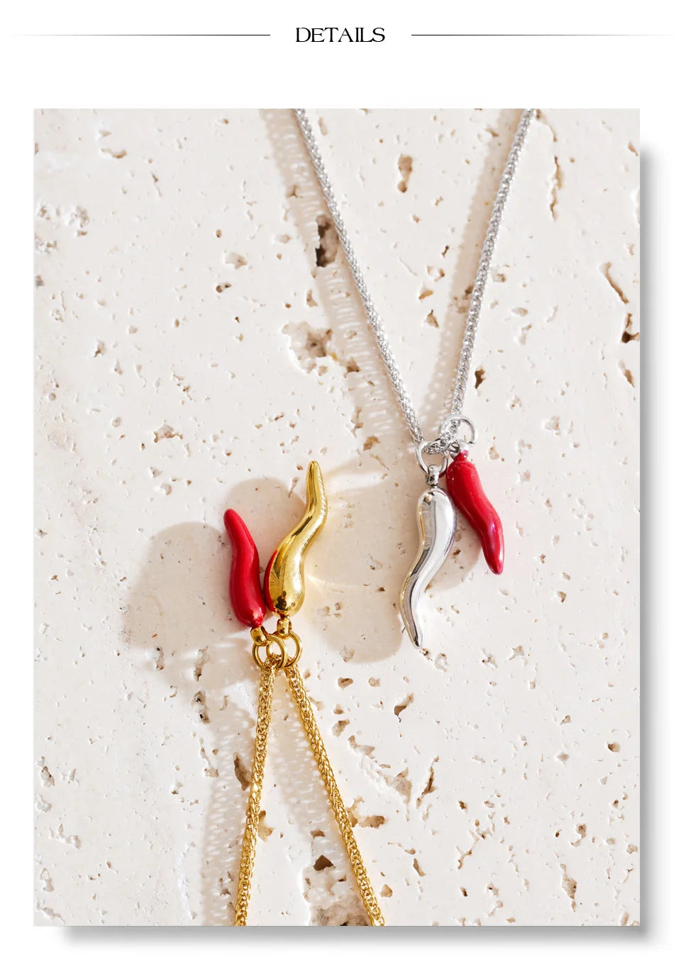 Red enamel geometric necklace in gold-plated stainless steel with enamel.