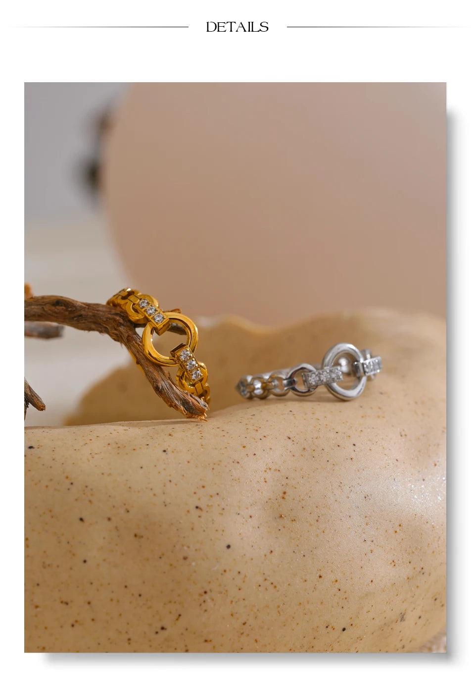 Cubic zirconia geometric ring in gold-plated stainless steel with cubic zirconia.