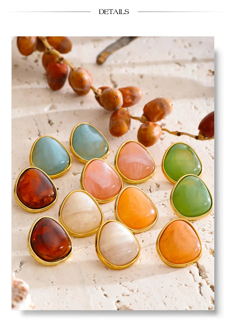 Resin acrylic multi-color earrings in gold-plated stainless steel with resin and acrylic.