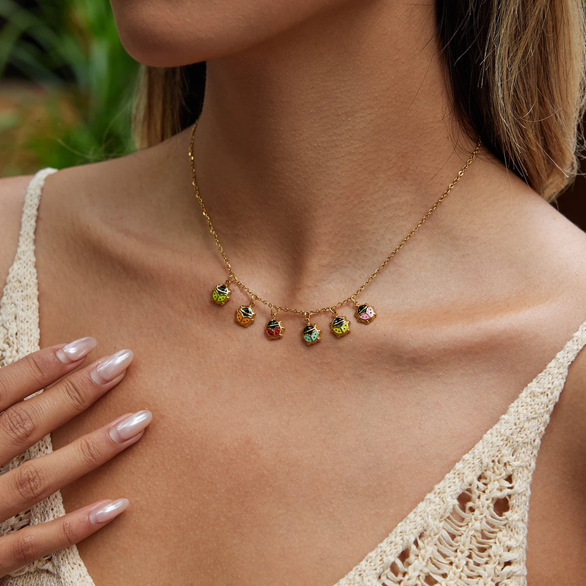 Green Stone Charm Necklace — Stainless Steel · PS179
