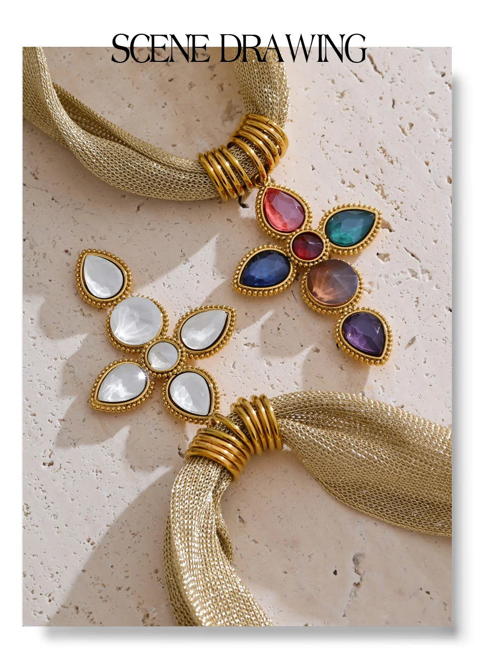 White glass cross necklace in gold-plated stainless steel.