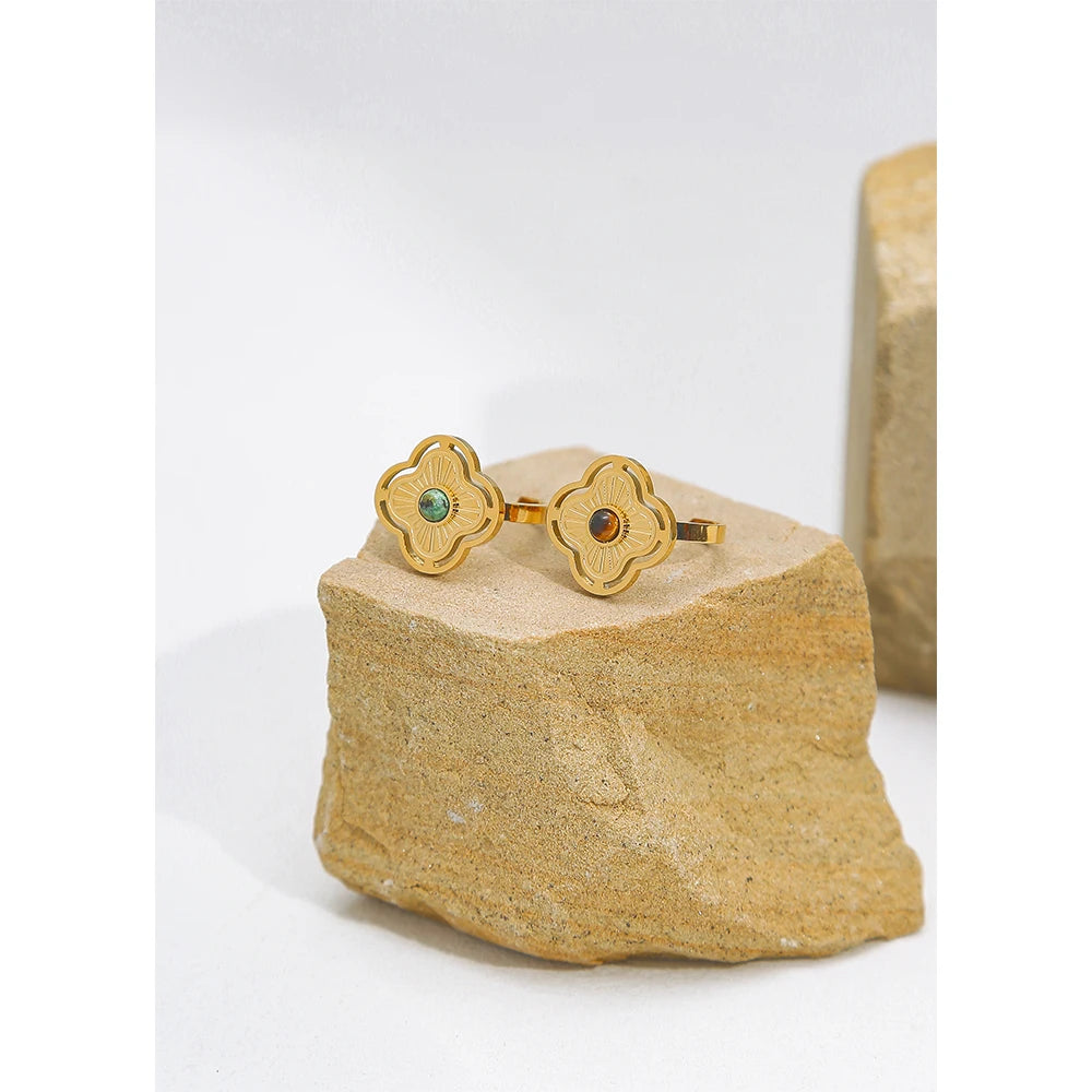 Ring Natural Stone Inlaid In Metal Texture Flowers — 316L Stainless Steel · PS461