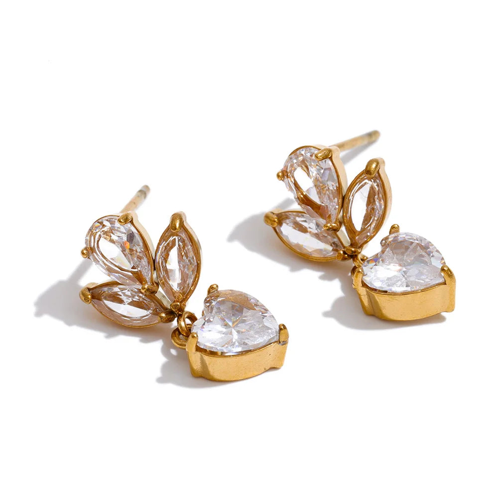 Cubic Zirconia Heart Flower Earrings — Gold-Plated Stainless Steel with Cubic Zirconia · PS1308