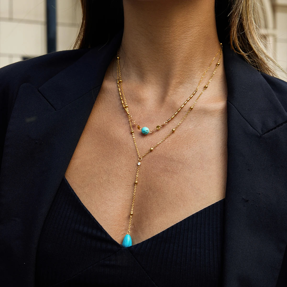 Turquoise CZ Layered Necklace — Stainless Steel · PS351