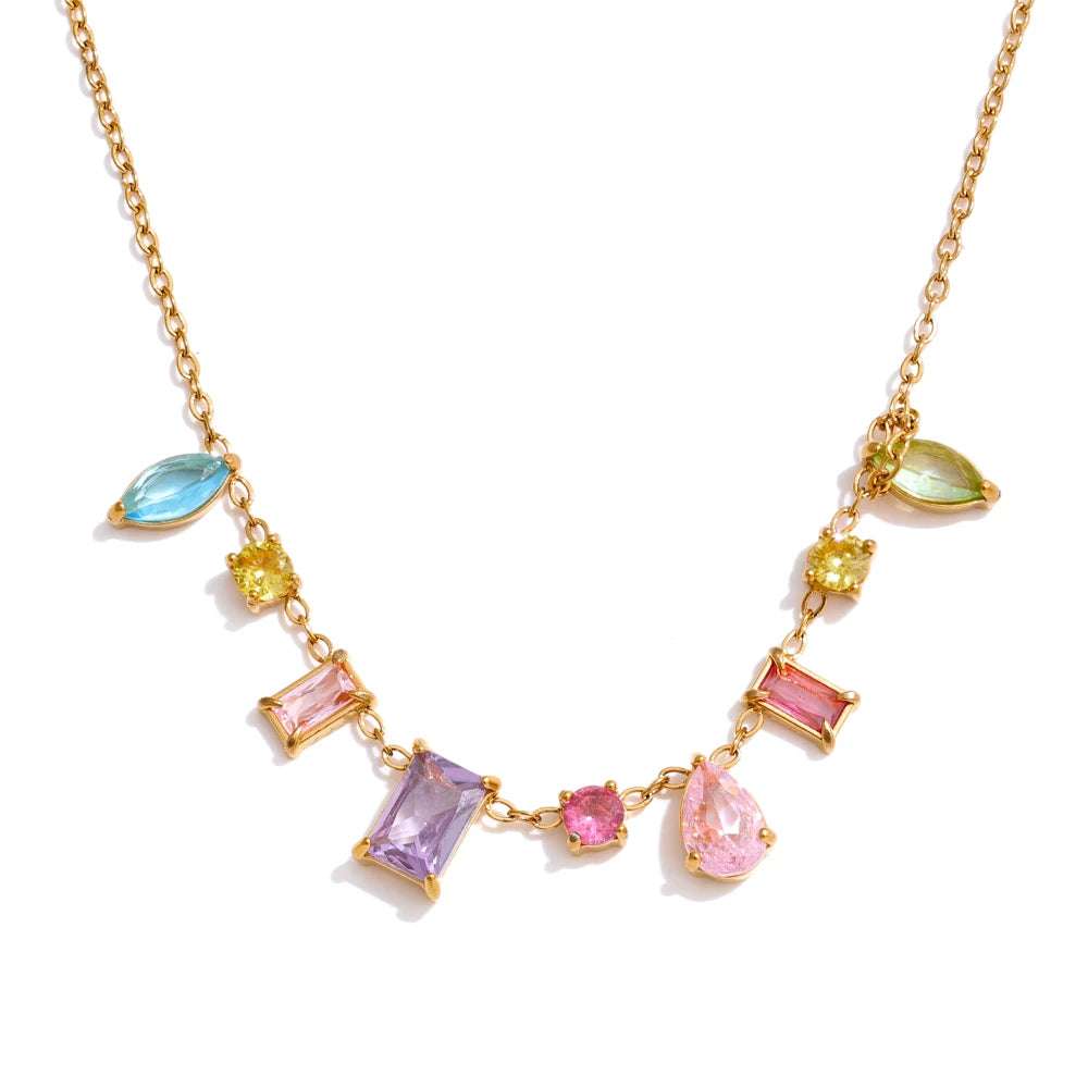 White cubic zirconia multi-color necklace in gold-plated stainless steel with cubic zirconia.