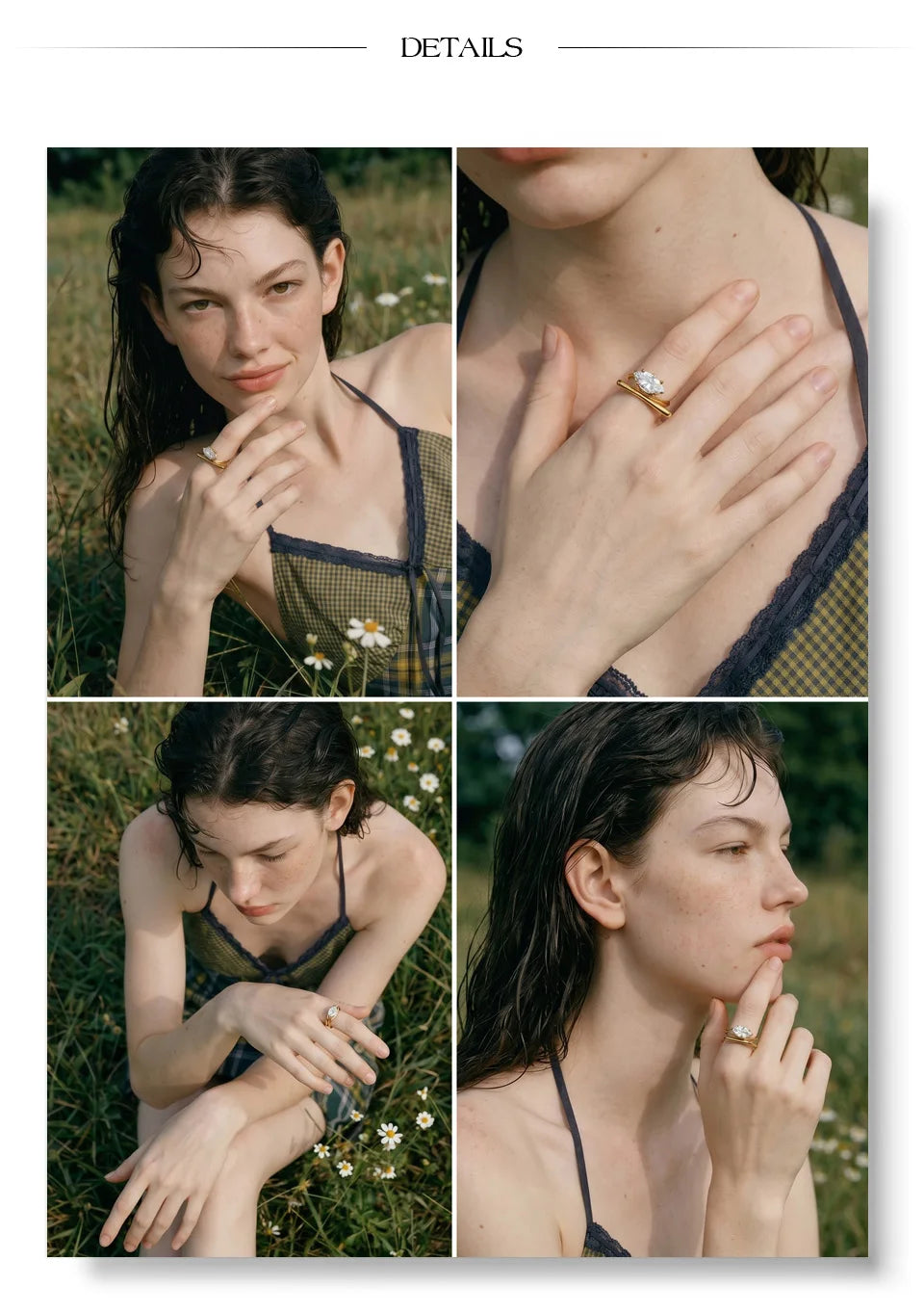 Cubic zirconia geometric ring in 18K gold-plated stainless steel with cubic zirconia.