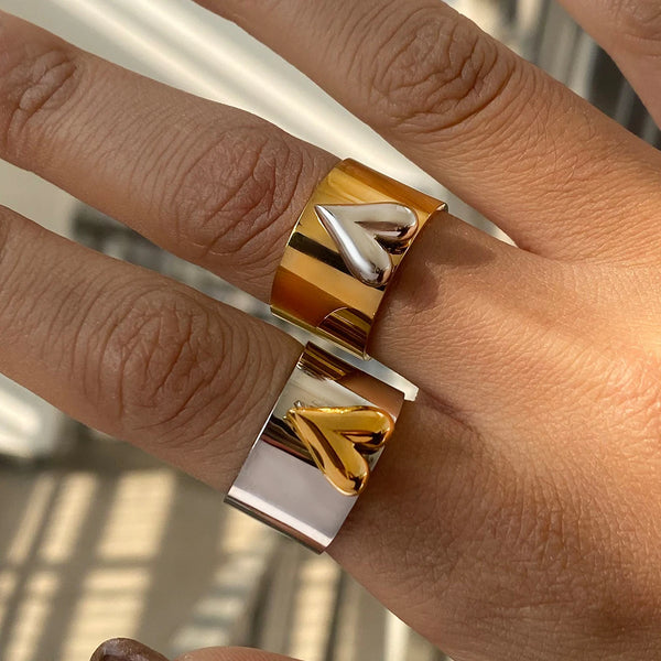 Geometric Heart Ring Stack — Stainless Steel · PS235