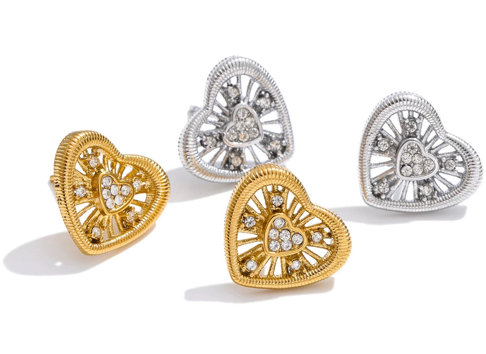 Cubic Zirconia Heart Earrings — Gold-Plated Stainless Steel with Cubic Zirconia · PS929
