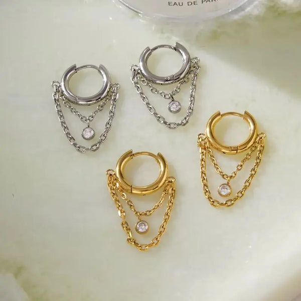 CZ Chain Drop Hoop Earrings — Stainless Steel · PS049