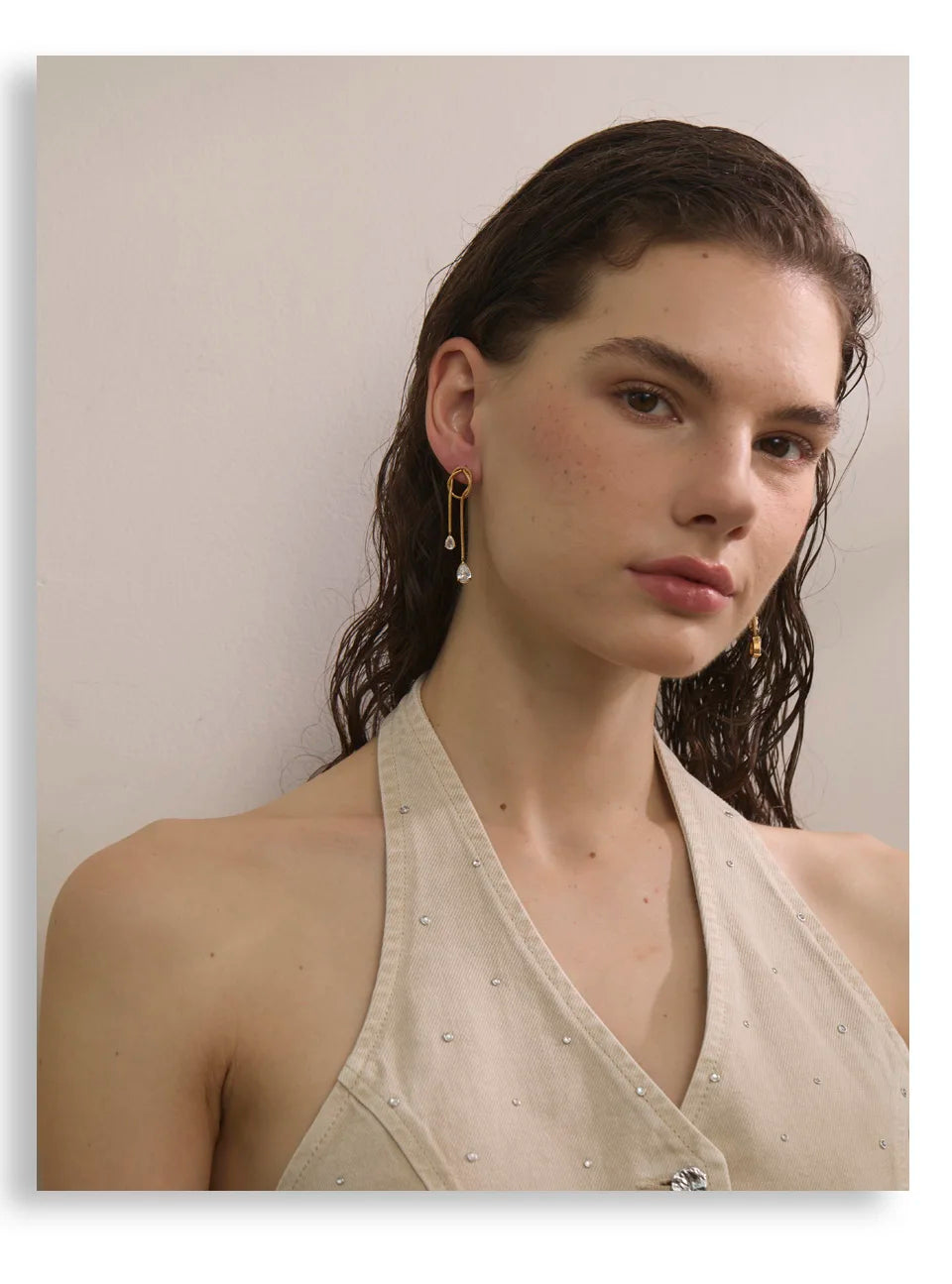 Cubic Zirconia Geometric Chain Earrings — Gold-Plated Stainless Steel with Cubic Zirconia · PS1608