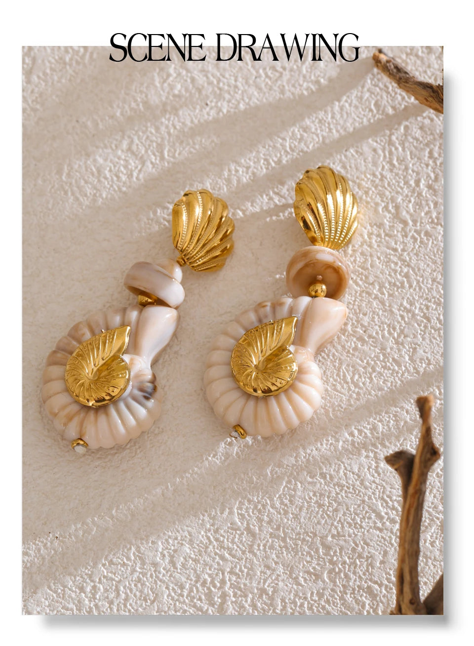 Shell resin geometric earrings in gold-plated stainless steel with shell and resin.