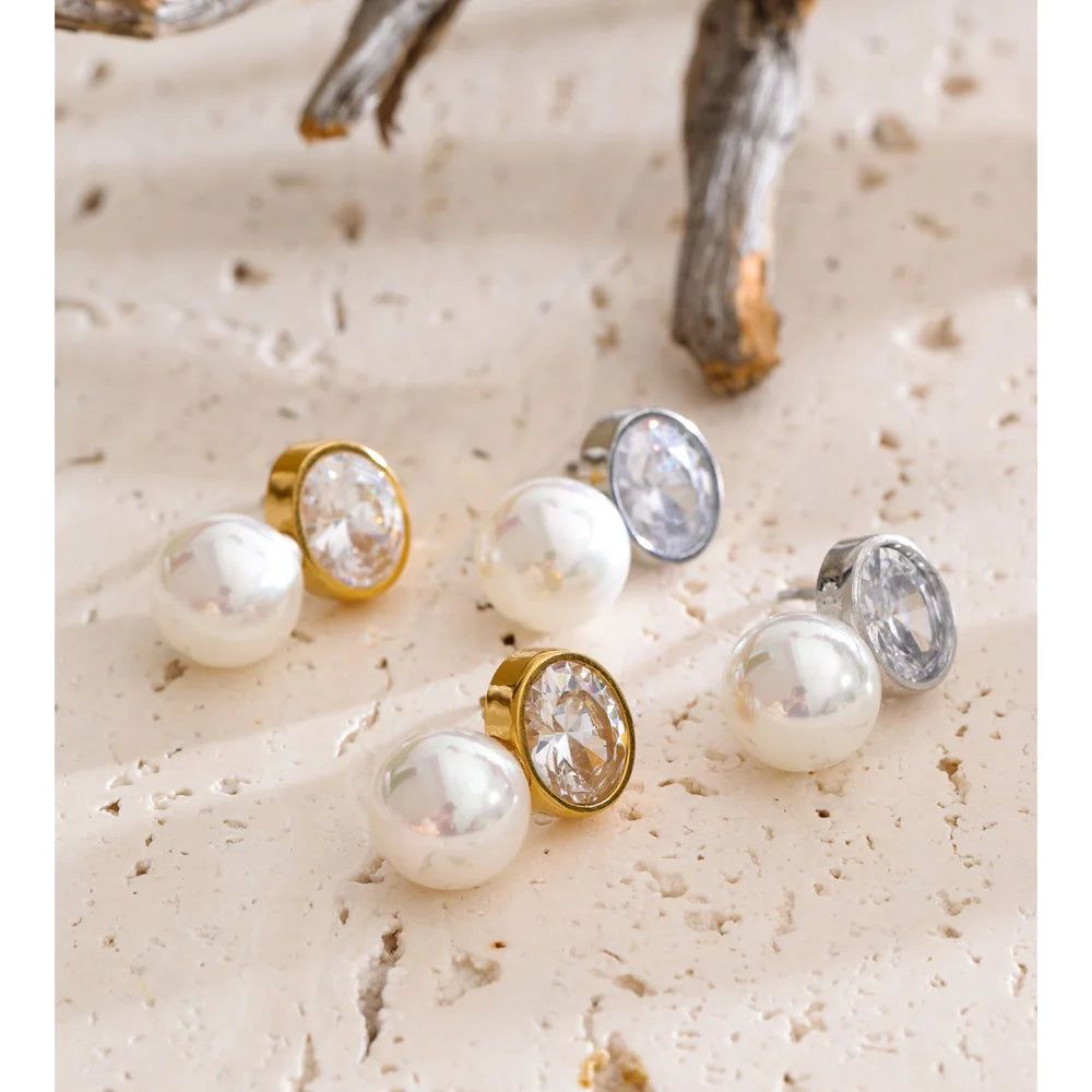 Cubic Zirconia Pearl Geometric Earrings — Gold-Plated Stainless Steel with Pearl and Cubic Zirconia · PS1615