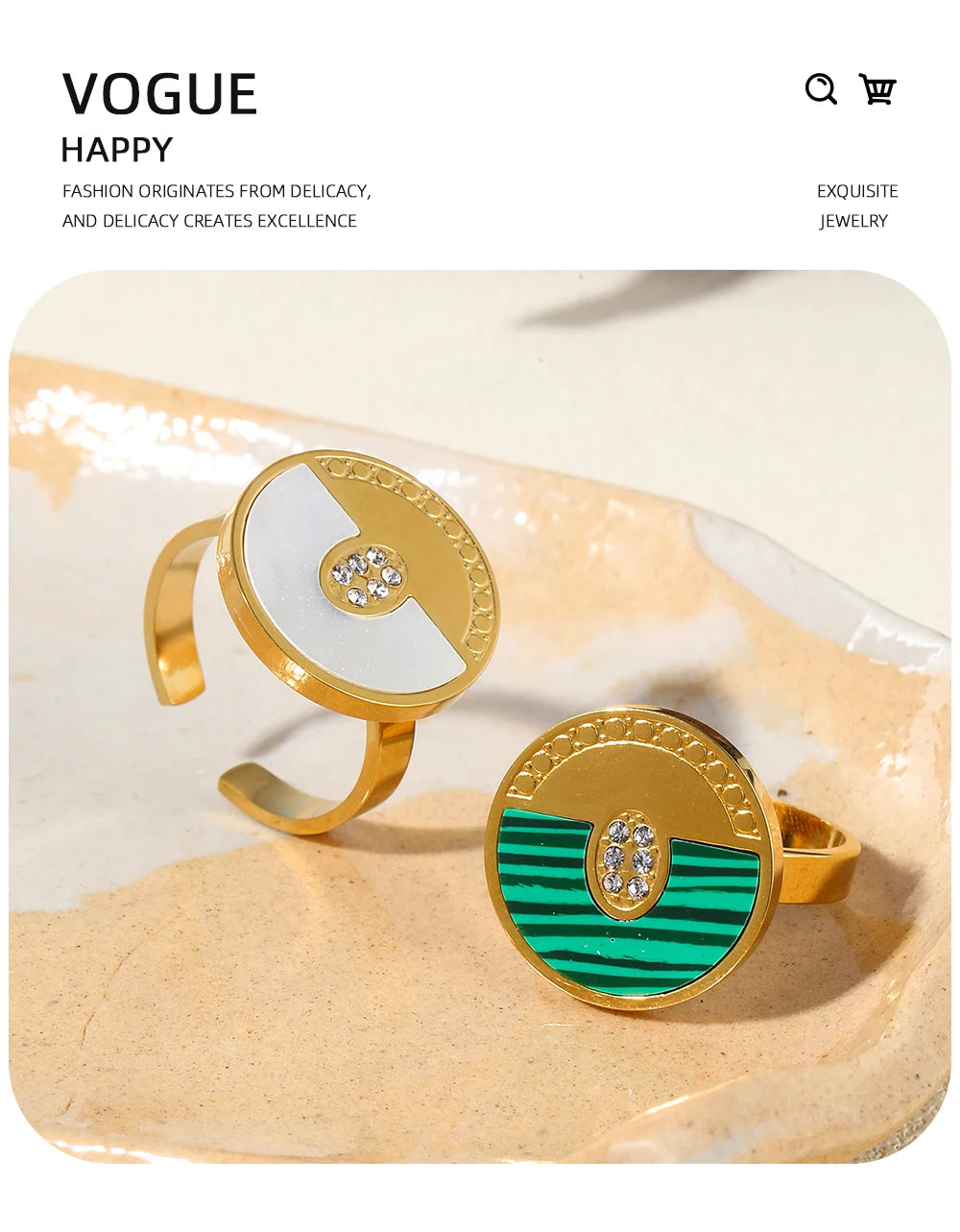 Geometric Ring Shell Malachite Zircon — 316L Stainless Steel · PS464