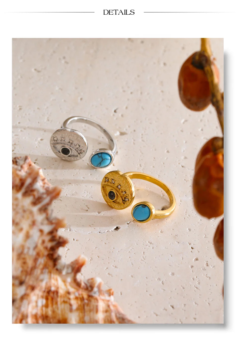 Cubic zirconia natural stone geometric ring in 18K gold-plated stainless steel with cubic zirconia and natural stone.