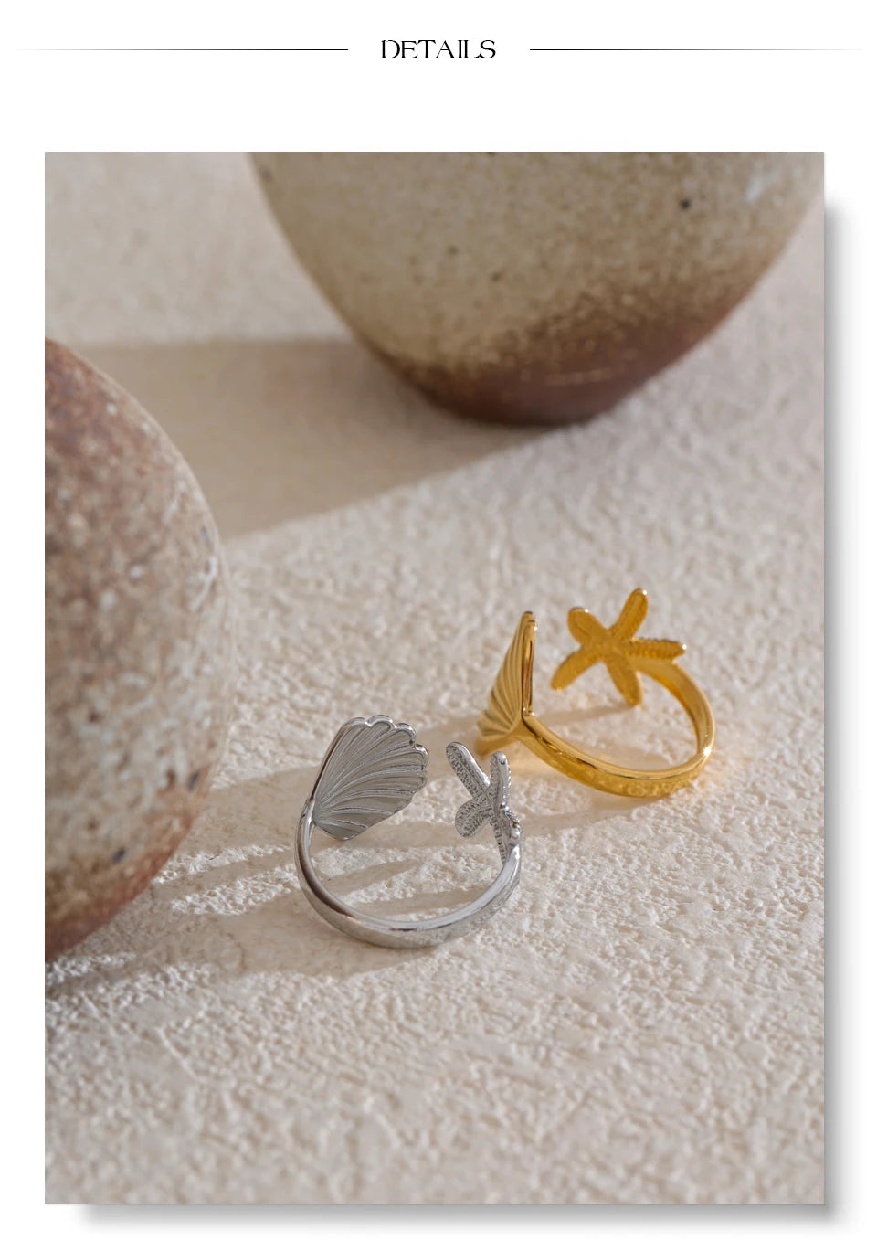 Shell star geometric ring in gold-plated stainless steel with shell.