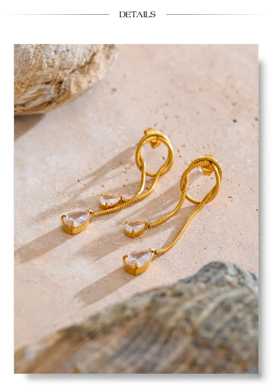 Cubic Zirconia Geometric Chain Earrings — Gold-Plated Stainless Steel with Cubic Zirconia · PS1608