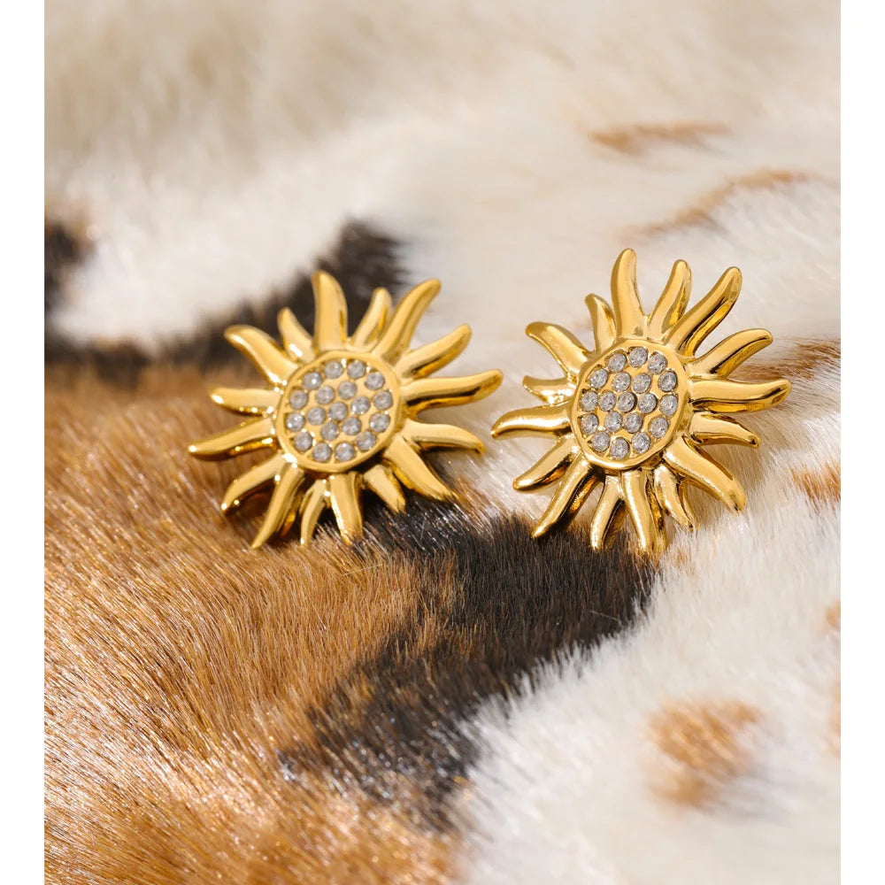 Cubic Zirconia Sun Geometric Earrings — Gold-Plated Stainless Steel with Cubic Zirconia · PS928