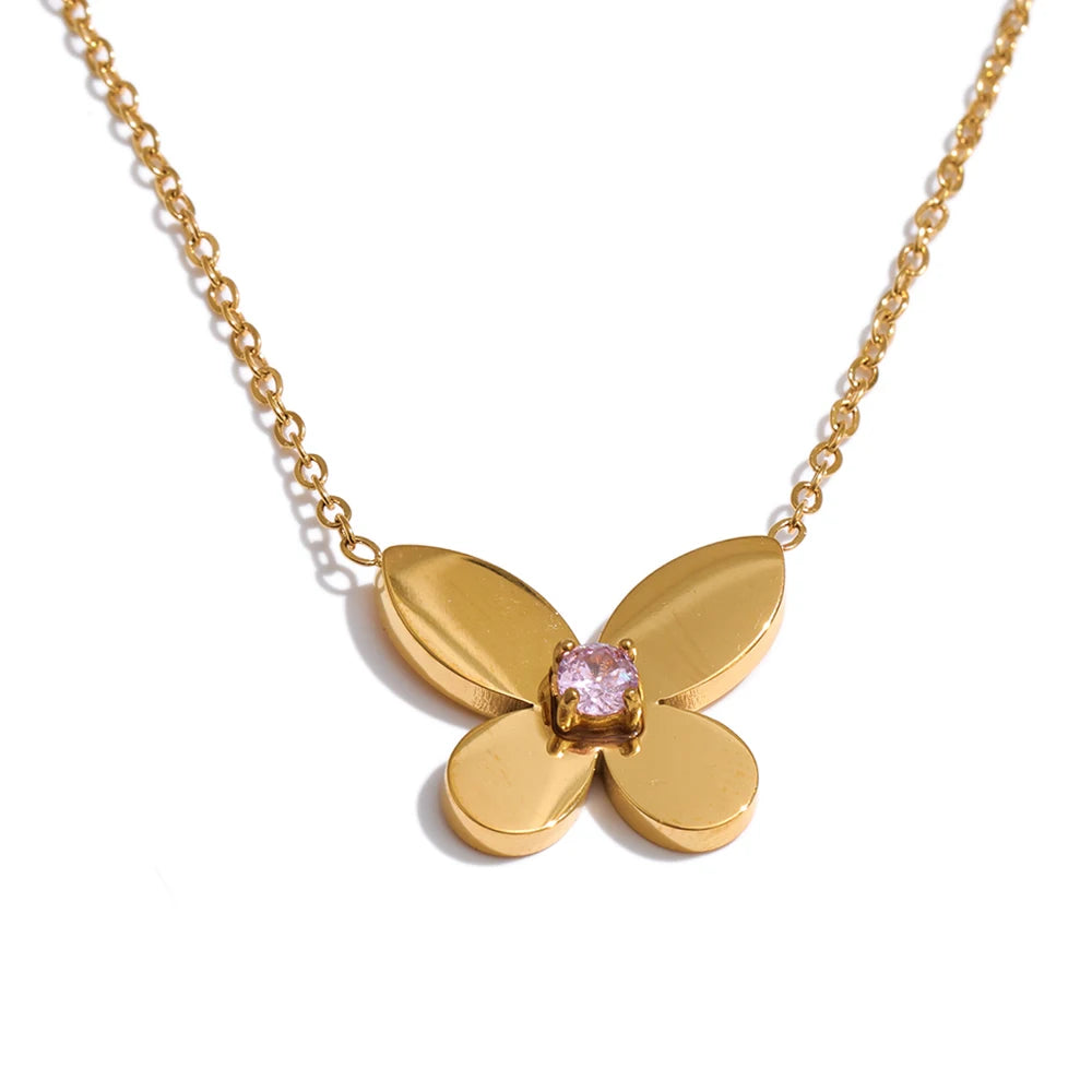 Cubic zirconia butterfly necklace in gold-plated stainless steel with cubic zirconia.