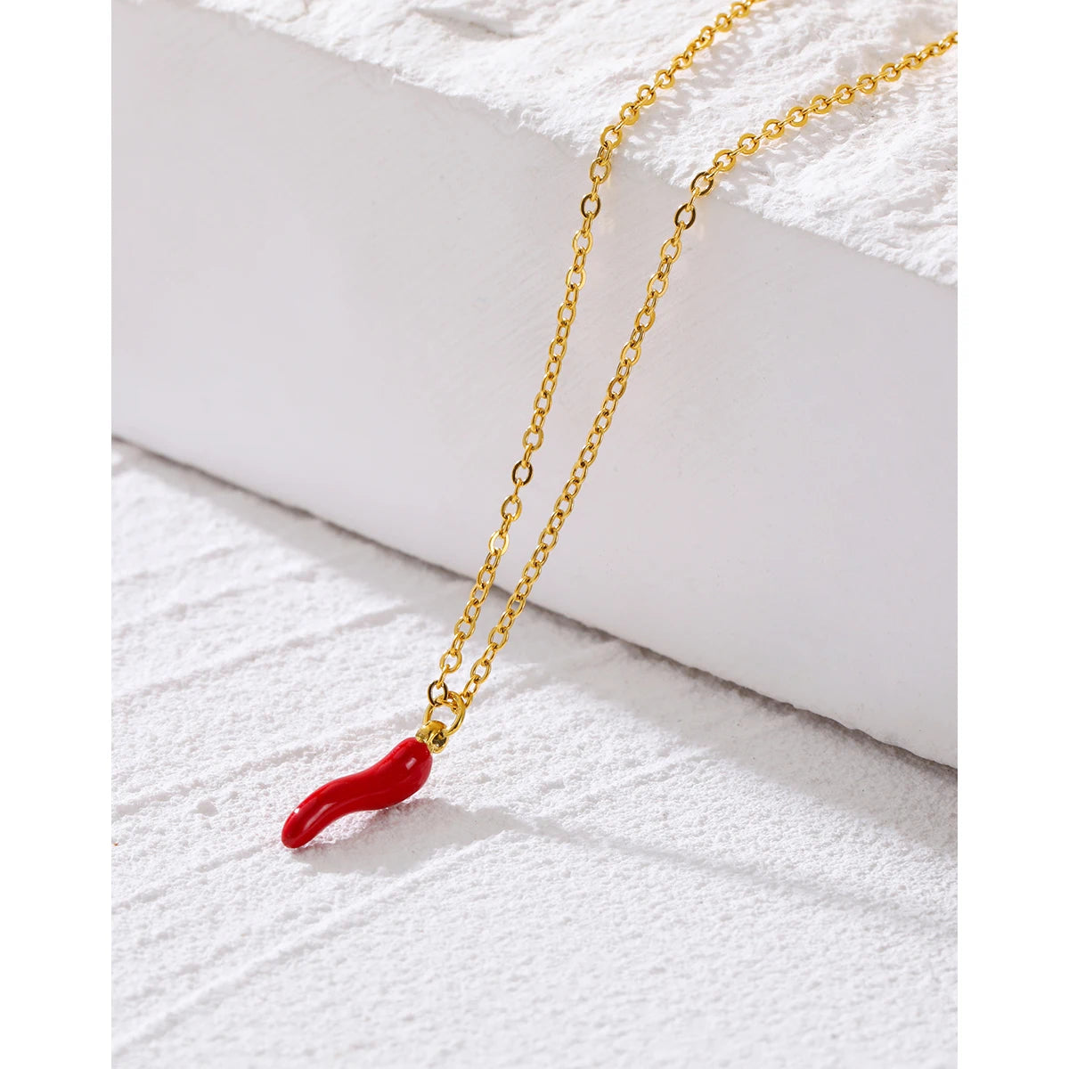 Chain Necklace Enamel Red Hot Pepper Pendant — 316L Stainless Steel · PS474