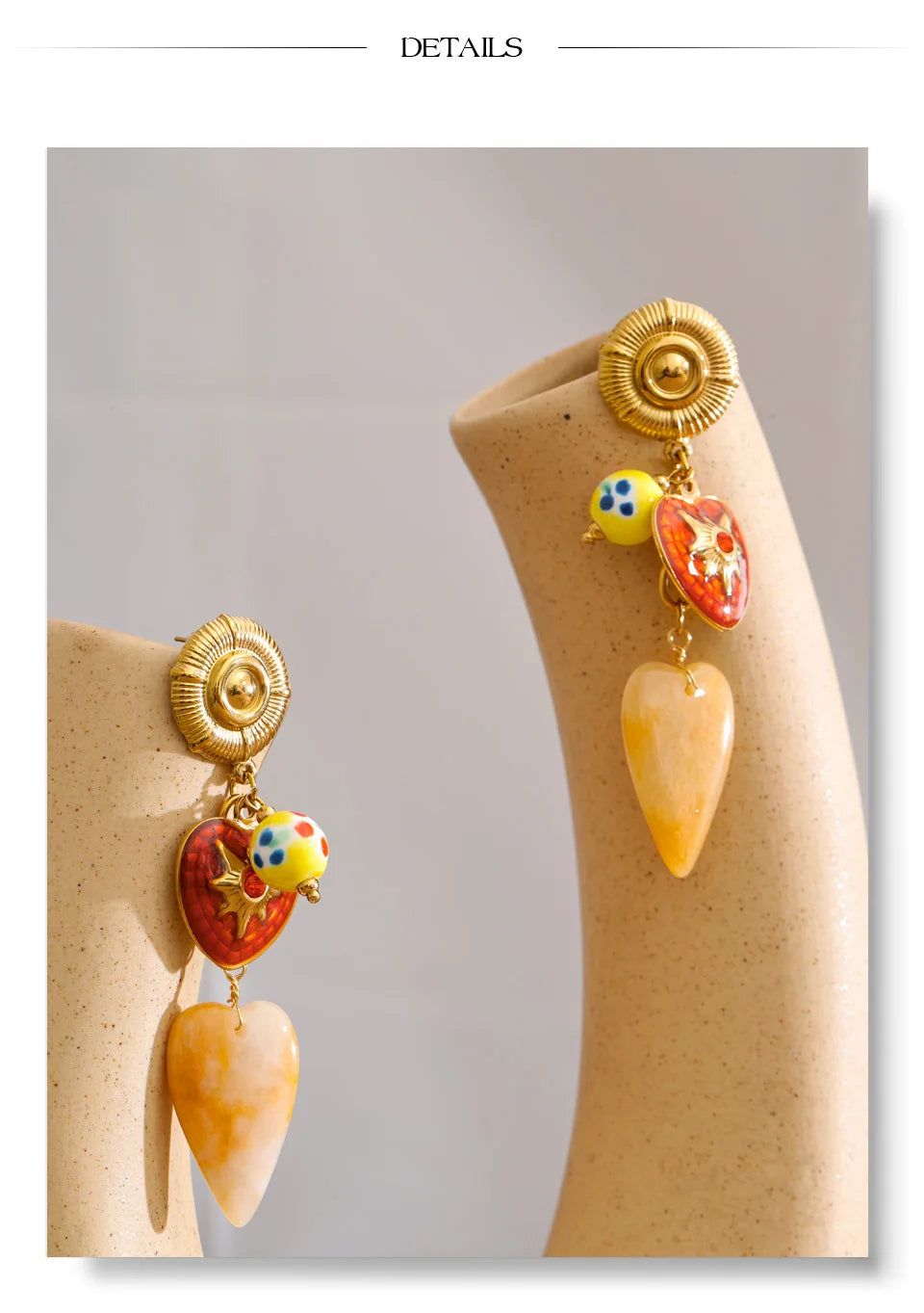 Enamel Natural Stone Heart Earrings — Gold-Plated Stainless Steel with Natural Stone and Enamel · PS1075