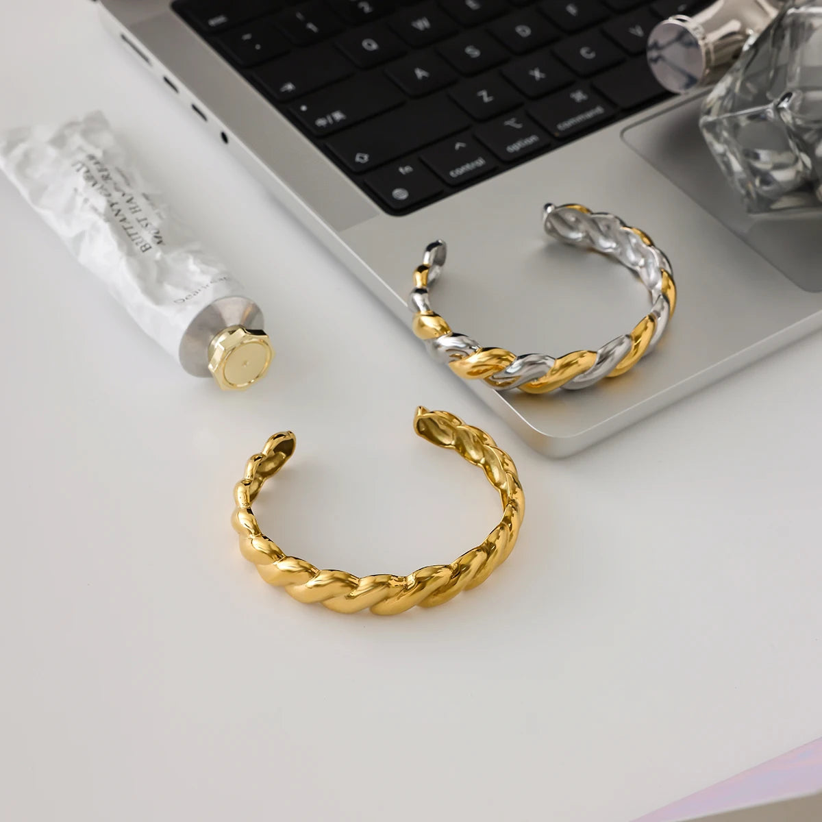 Two-Tone Chunky Chain Bracelet Stack — Stainless Steel · PS044