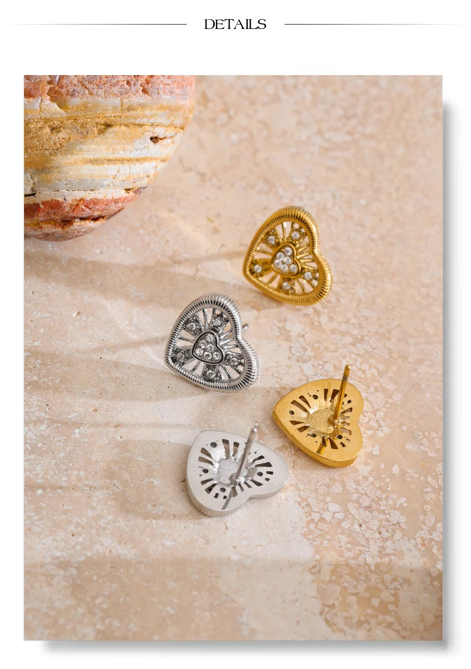 Cubic Zirconia Heart Earrings — Gold-Plated Stainless Steel with Cubic Zirconia · PS929