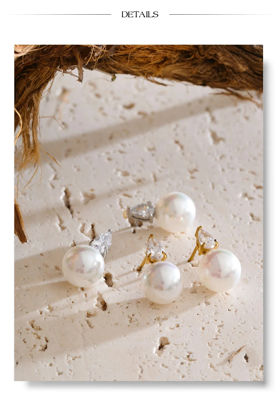 Cubic Zirconia Pearl Geometric Earrings — Gold-Plated Stainless Steel with Pearl and Cubic Zirconia · PS2093