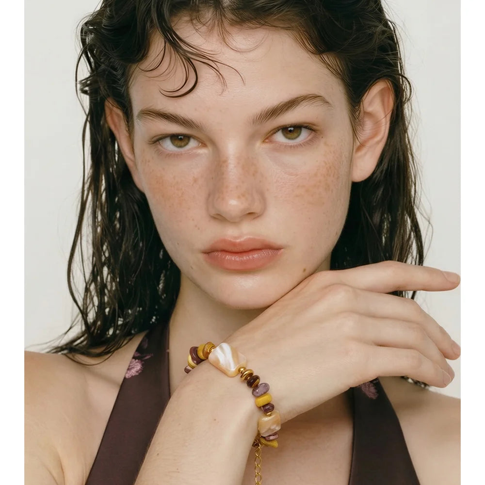 Shell Natural Stone Geometric Bracelet — Gold-Plated Stainless Steel with Natural Stone and Shell · PS1168