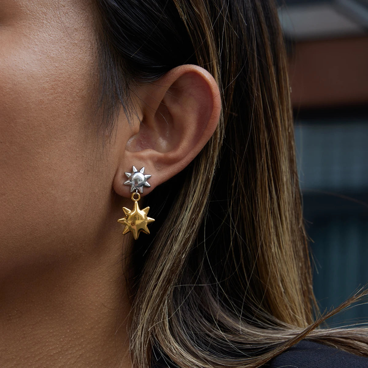 Two-Tone Sun Earrings — Stainless Steel · PS371