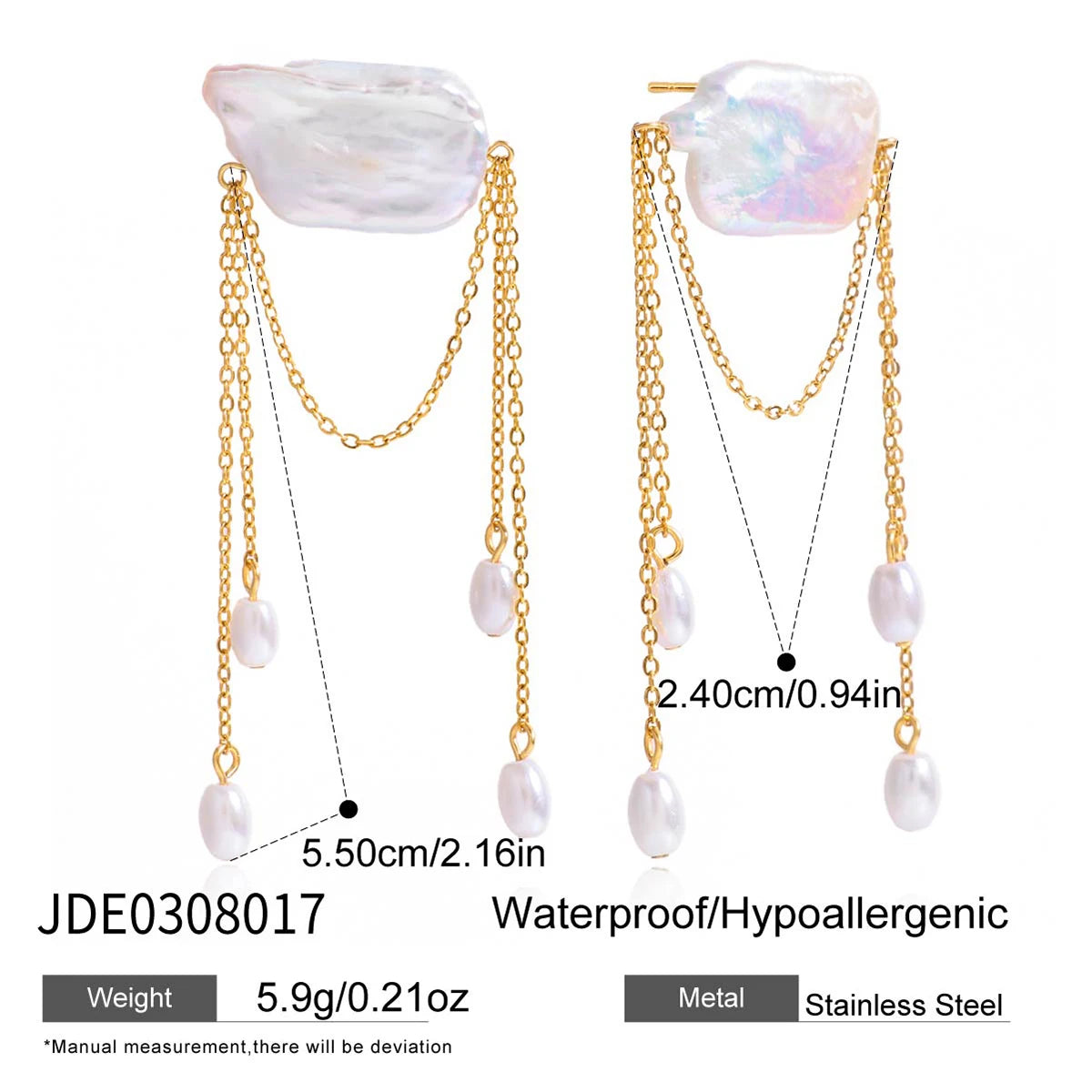Pearl Chain Tassel Earrings — Stainless Steel · PS083