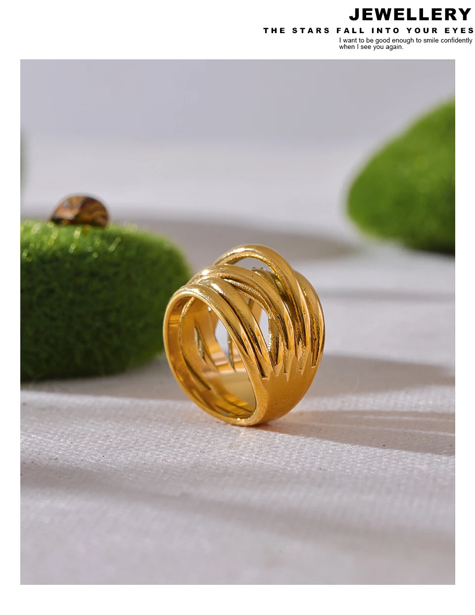 Geometric ring in 18K gold-plated stainless steel.