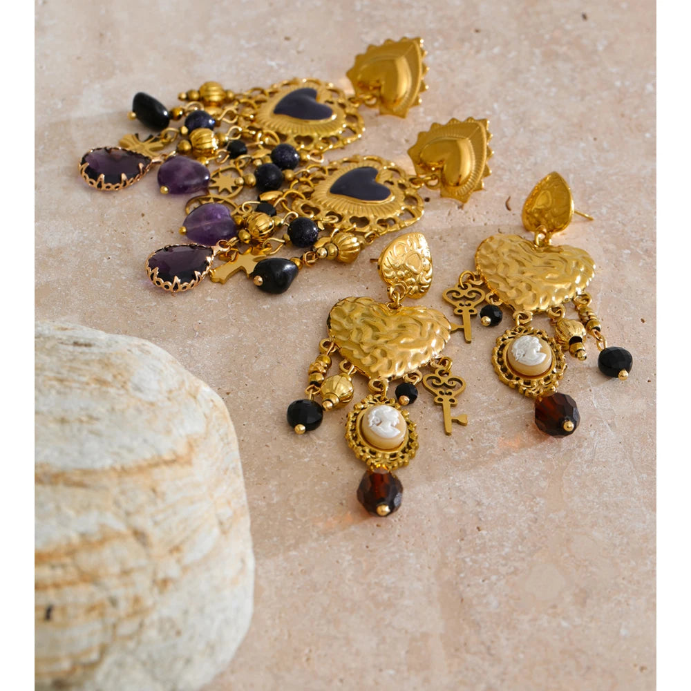 Resin Heart Cross Earrings — Gold-Plated Stainless Steel with Resin