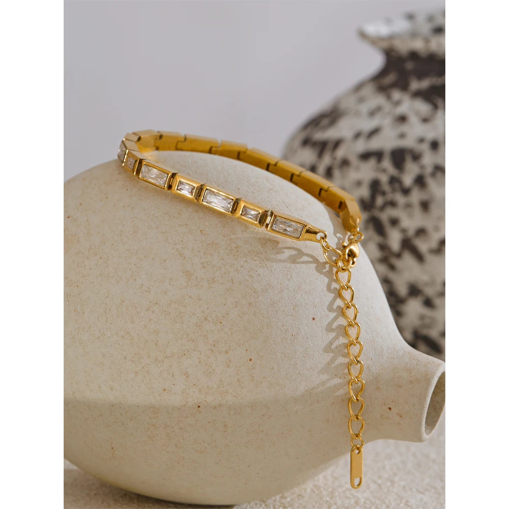 Cubic Zirconia Geometric Chain Bracelet — Gold-Plated Stainless Steel with Cubic Zirconia · PS1955