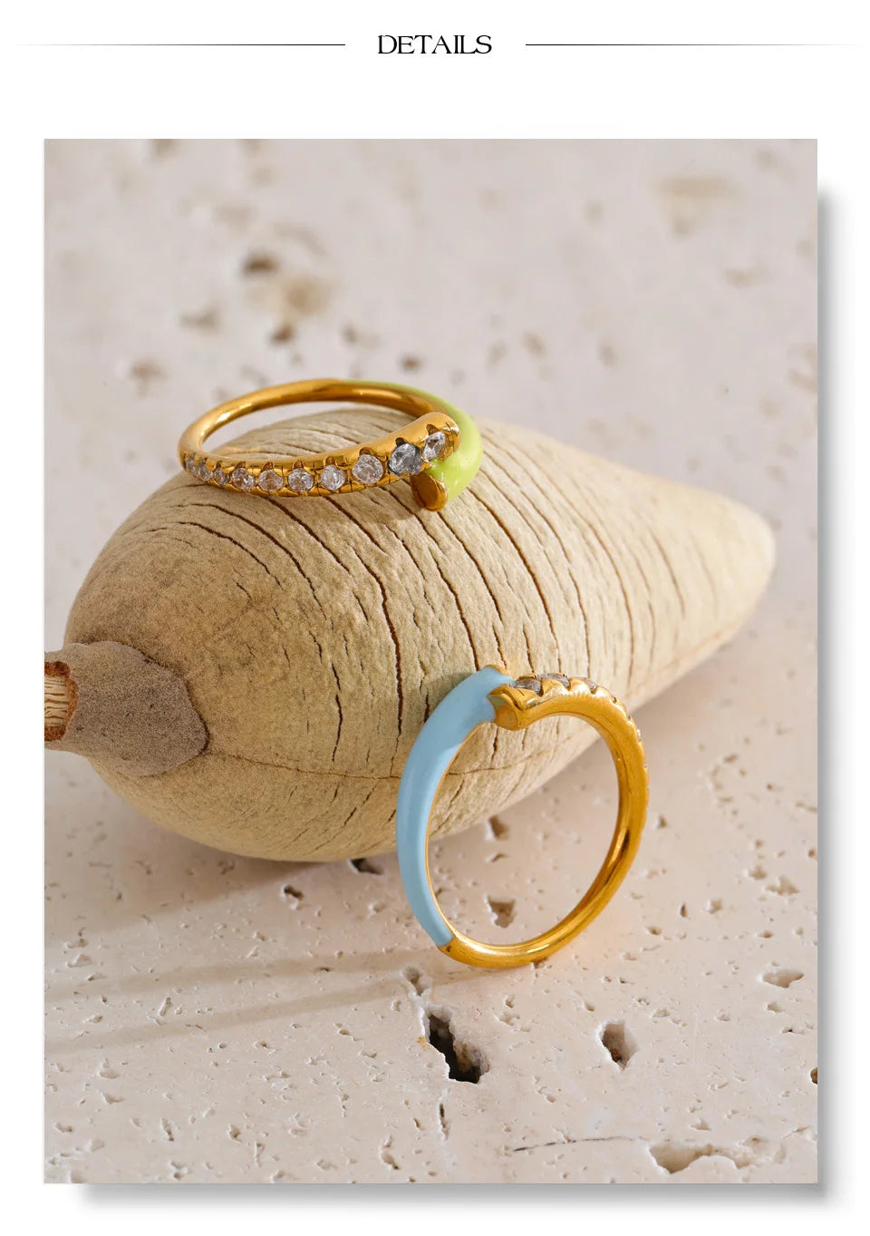 Green cubic zirconia enamel ring in 18K gold-plated stainless steel with cubic zirconia and enamel.
