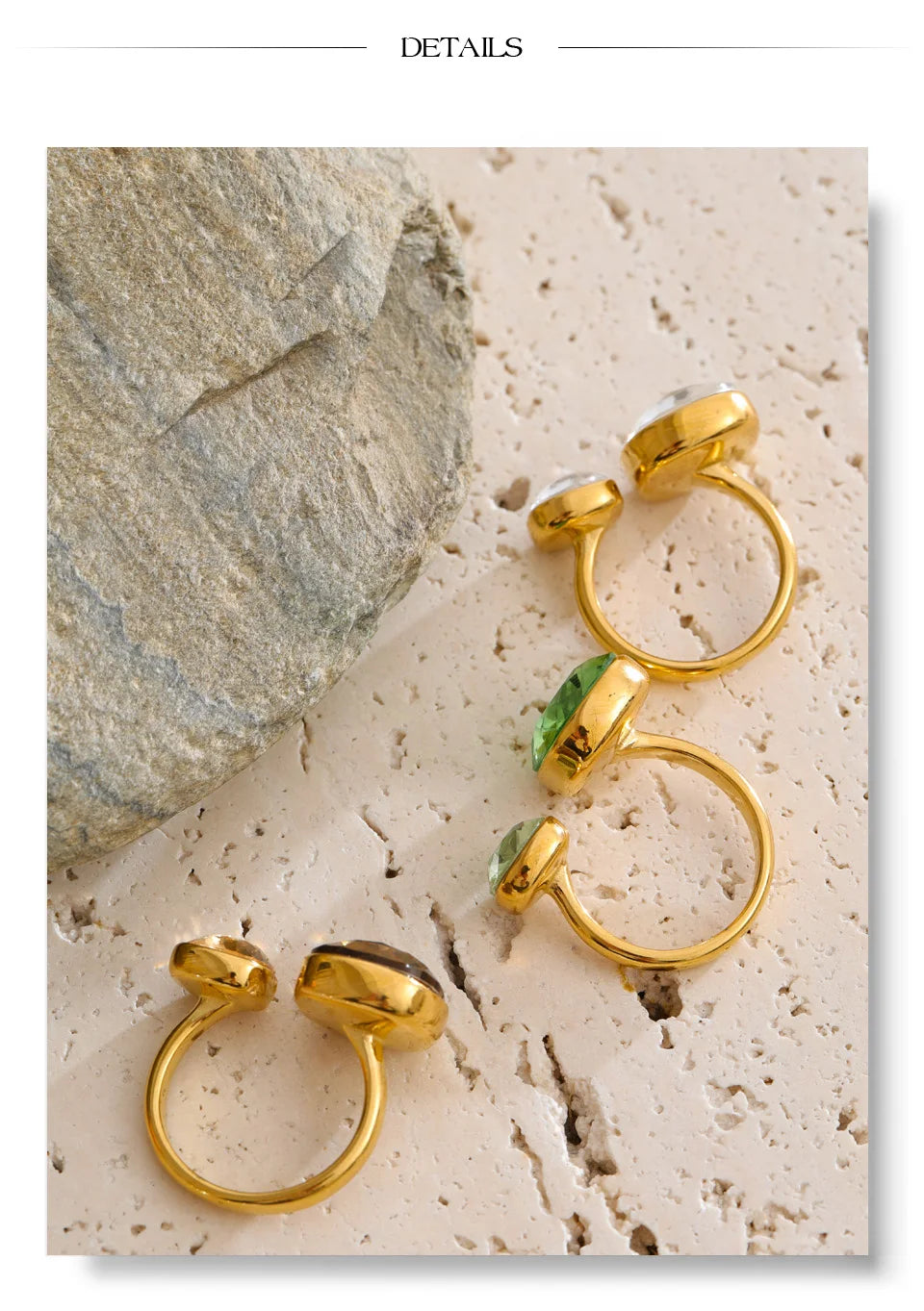Cubic zirconia geometric ring in 18K gold-plated stainless steel with cubic zirconia.