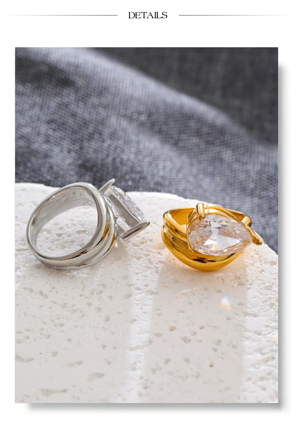 Cubic zirconia geometric ring in 18K gold-plated stainless steel with cubic zirconia.