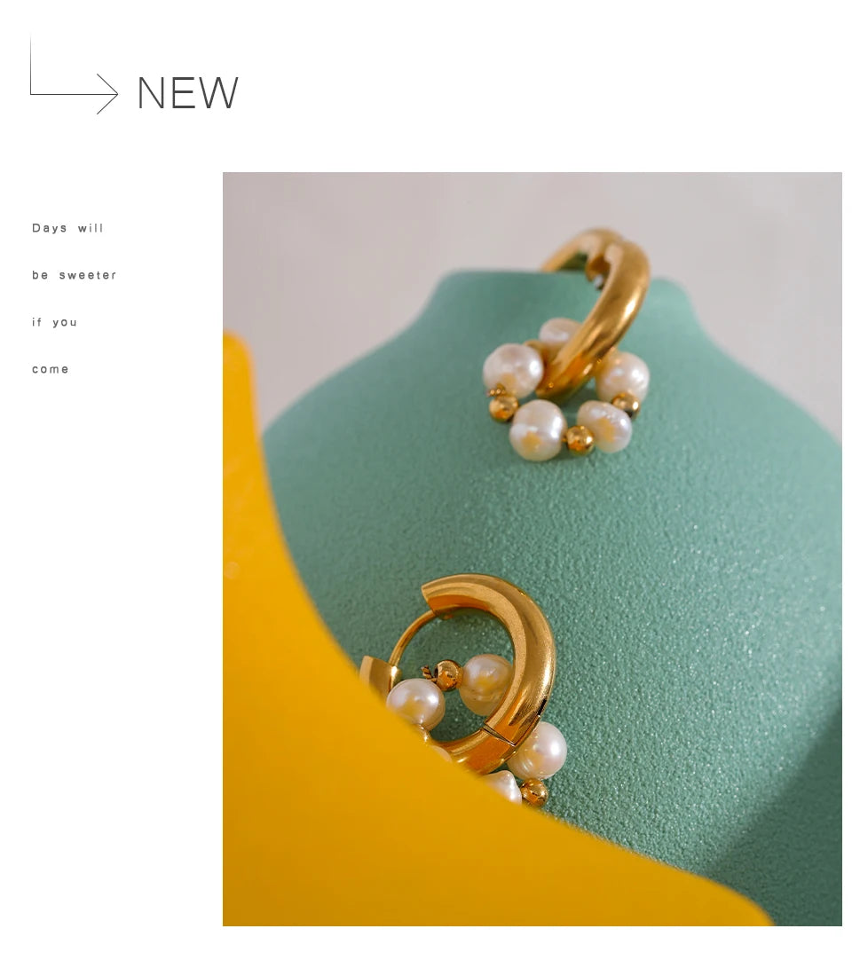 Freshwater Pearl Geometric Earrings — 18K Gold-Plated Stainless Steel with Freshwater Pearl · PS1683