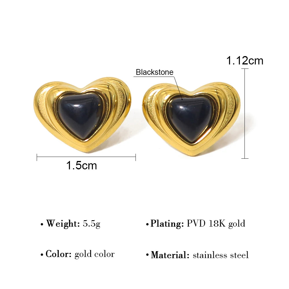 Stud Piercing Earrings Black Stone Heart — 316L Stainless Steel · PS453