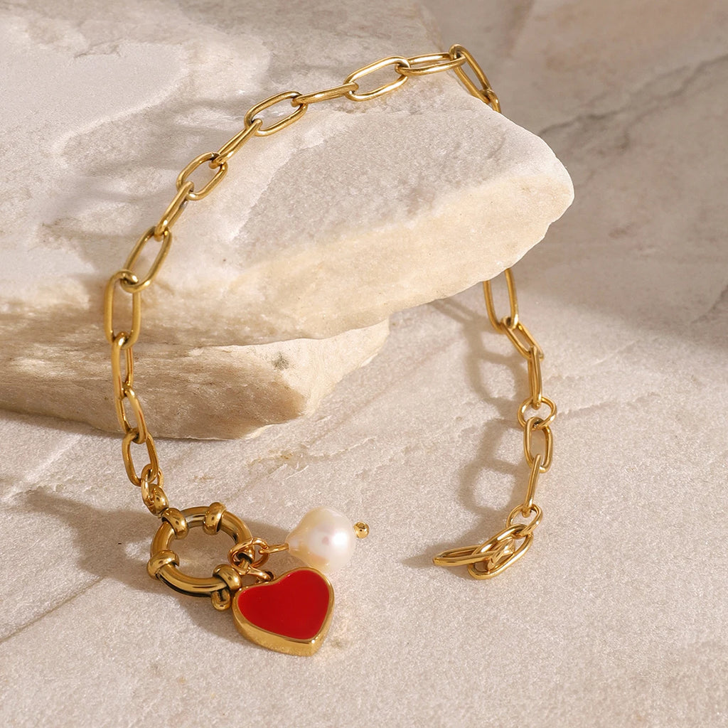 Heart Pearl Chain Bracelet — Stainless Steel · PS032
