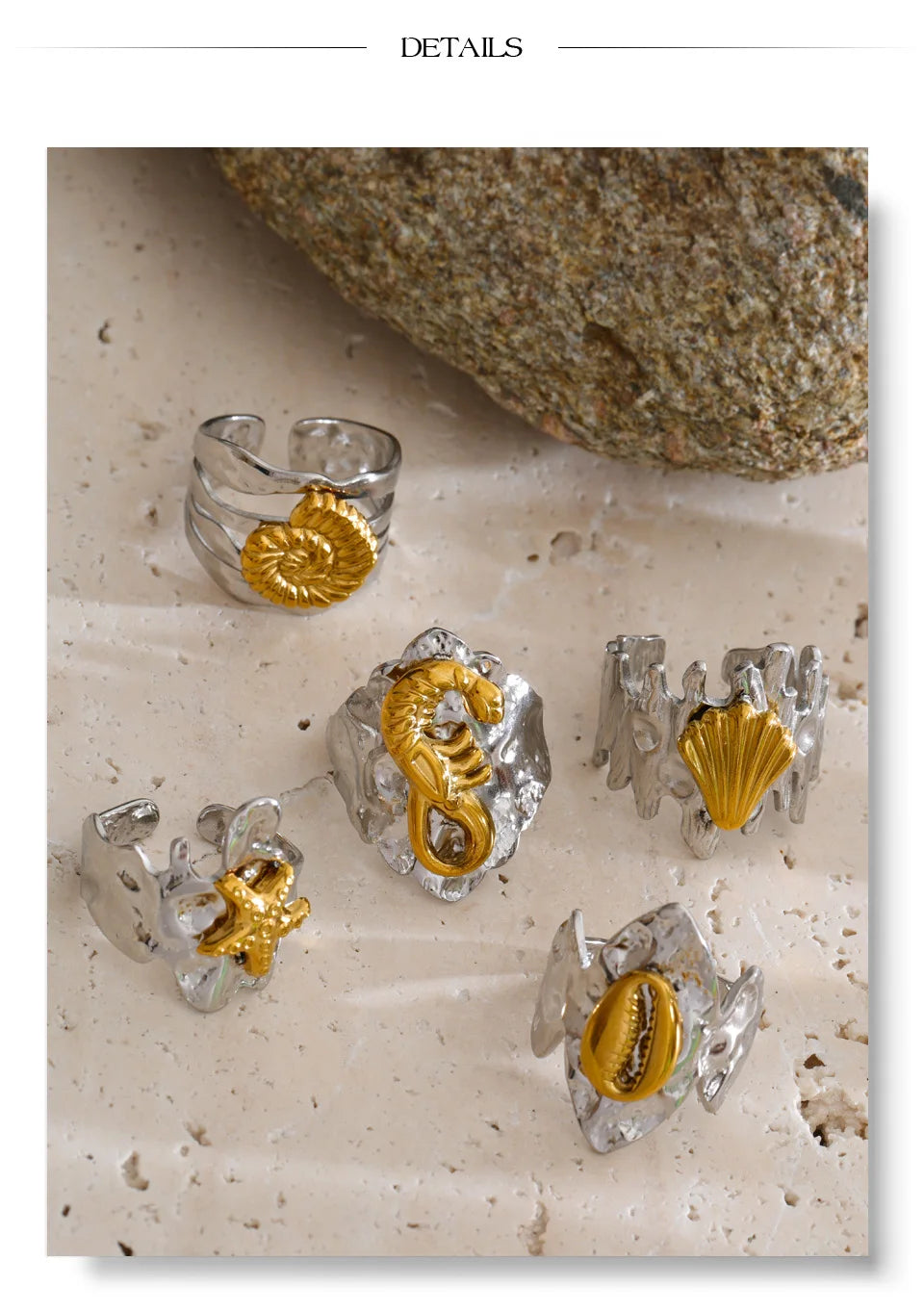 Shell star geometric ring in 18K gold-plated stainless steel with shell.