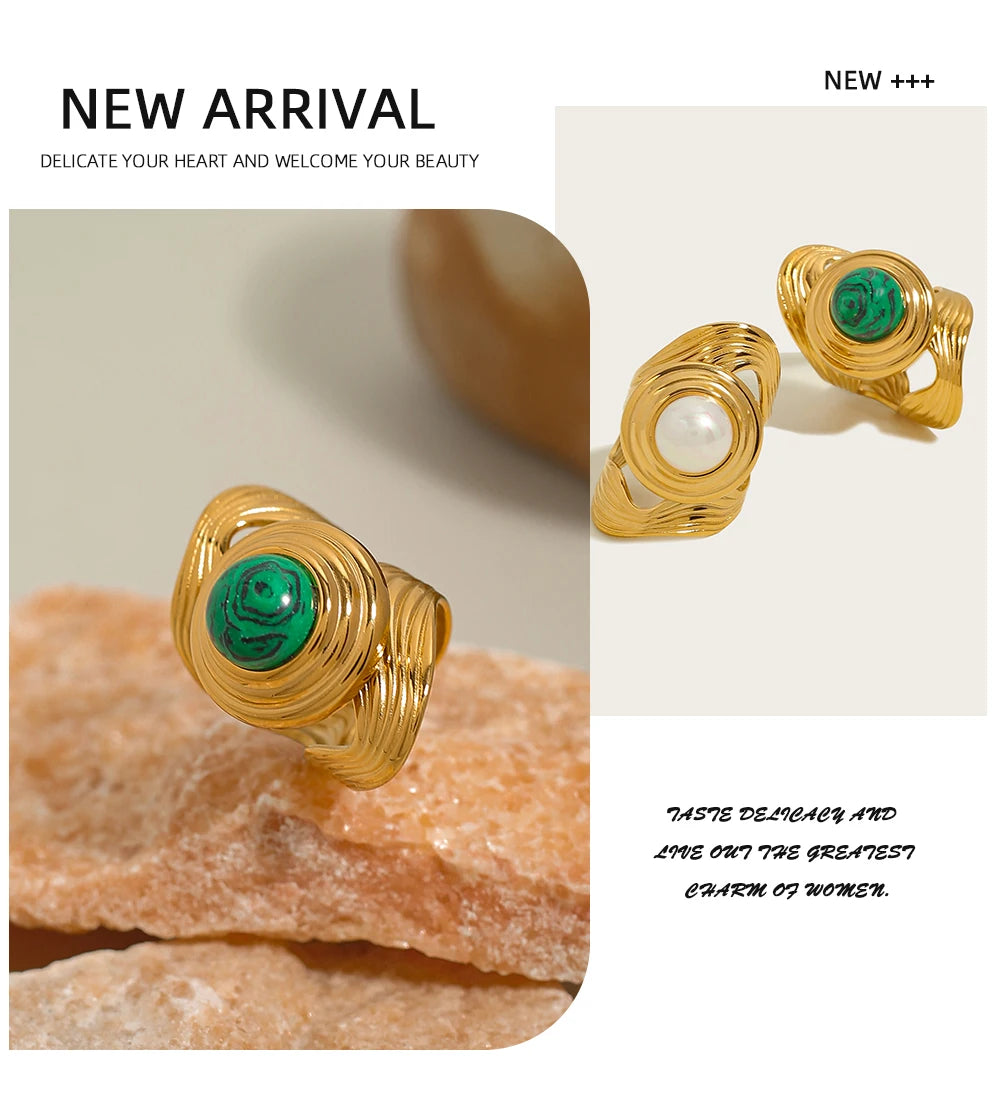Wide Natural Stone Metal Texture Ring — 316L Stainless Steel · PS454