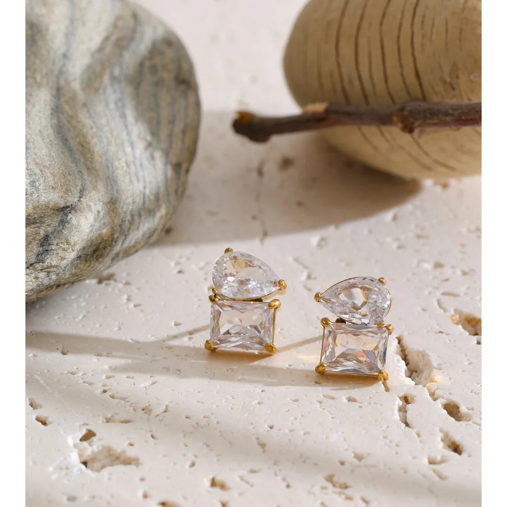 Cubic Zirconia Geometric Earrings — Gold-Plated Stainless Steel with Cubic Zirconia · PS1388