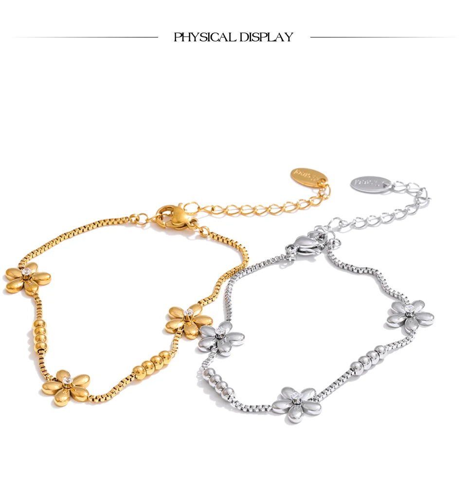 Cubic Zirconia Flower Geometric Bracelet — Gold-Plated Stainless Steel with Cubic Zirconia · PS1032