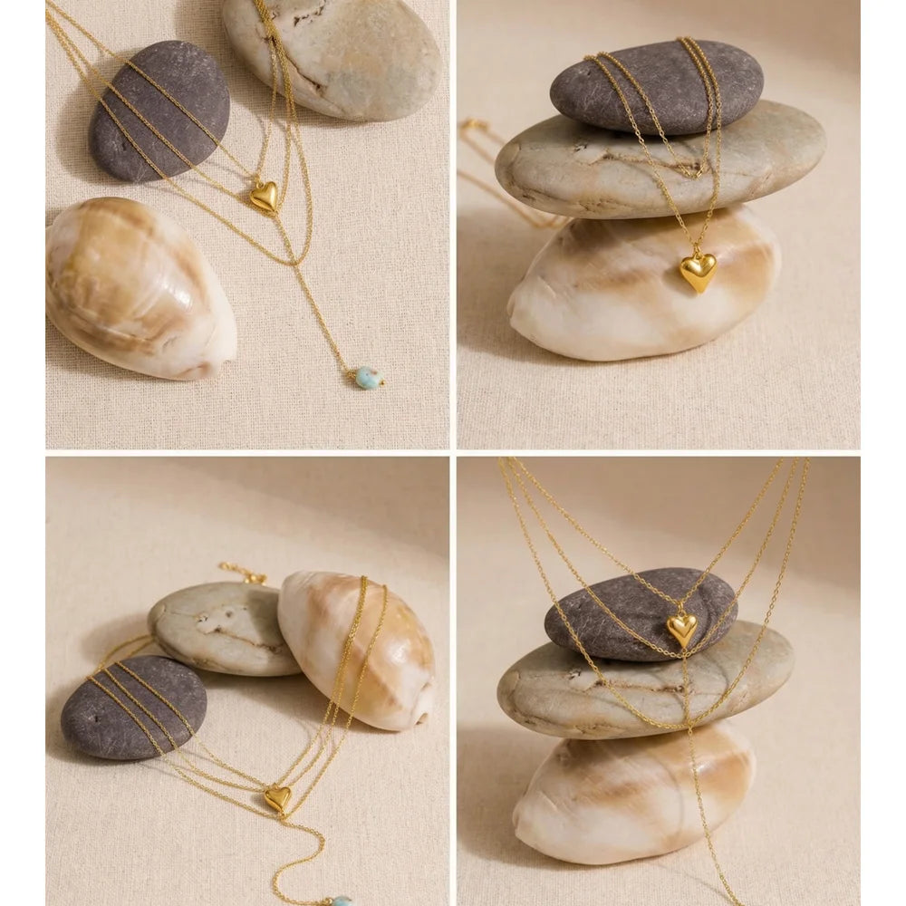 Natural stone heart chain necklace in gold-plated stainless steel with natural stone.