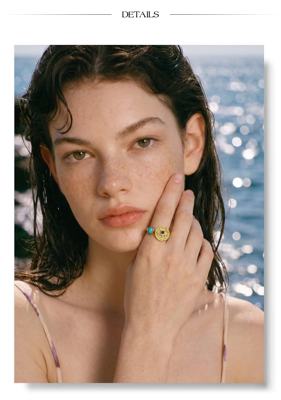 Cubic zirconia natural stone geometric ring in 18K gold-plated stainless steel with cubic zirconia and natural stone.