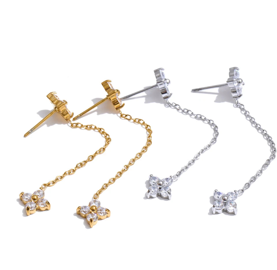Cubic Zirconia Flower Chain Earrings — Gold-Plated Stainless Steel with Cubic Zirconia · PS1290