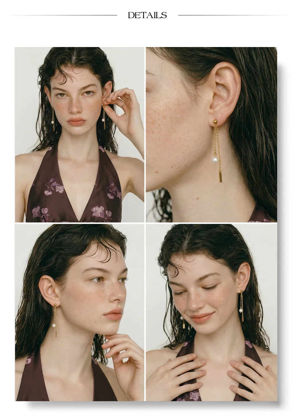 Freshwater pearl geometric chain earrings in gold-plated stainless steel with freshwater pearl.