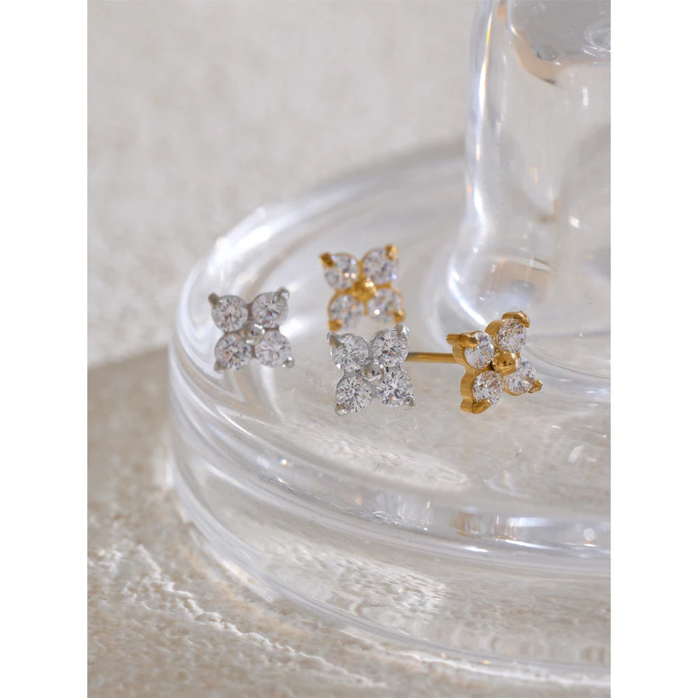 Cubic Zirconia Flower Earrings — Gold-Plated Stainless Steel with Cubic Zirconia · PS2236