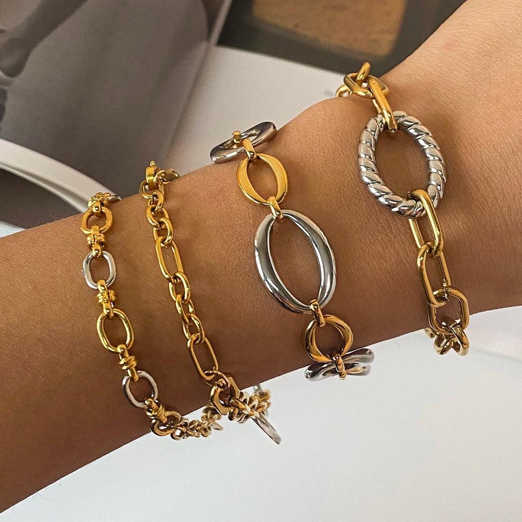 Two-Tone Link Charm Bracelet Stack — Stainless Steel · PS036