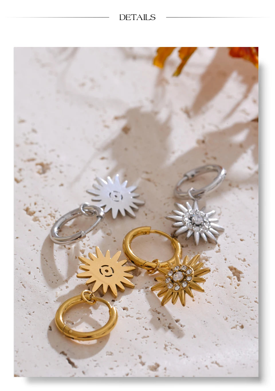 Cubic zirconia sun geometric earrings in gold-plated stainless steel with cubic zirconia.